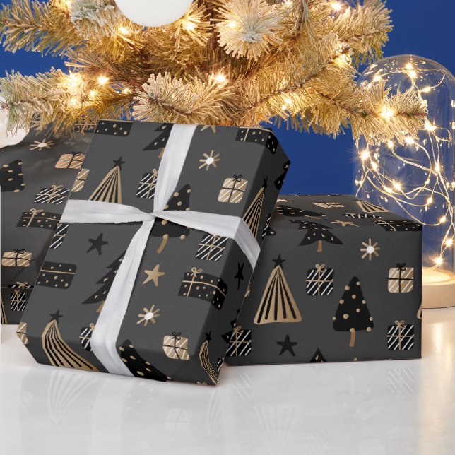 Papel De Presente Padrão de Natal Escandinavo Moderno Preto Dourado (Feriados)