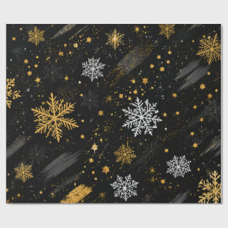 Papel De Presente Padrão de Natal Floco de Neve Dourado Preto
