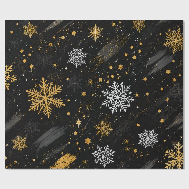 Papel De Presente Padrão de Natal Floco de Neve Dourado Preto (Aberto)