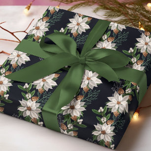 Papel De Presente Padrão de Natal Floral de Inverno Poinsettia Branc