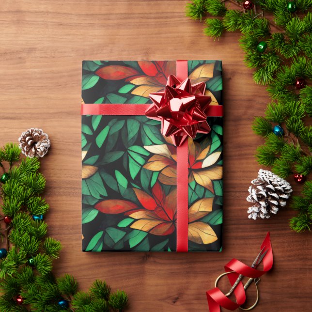 Papel De Presente Padrão de Natal Floral Laranja (Presente de Natal)
