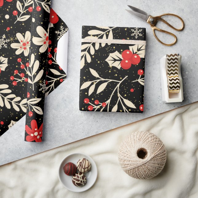 Papel De Presente Padrão de Natal Folhas Brancas Vermelhas Sagradas (Artesanato)