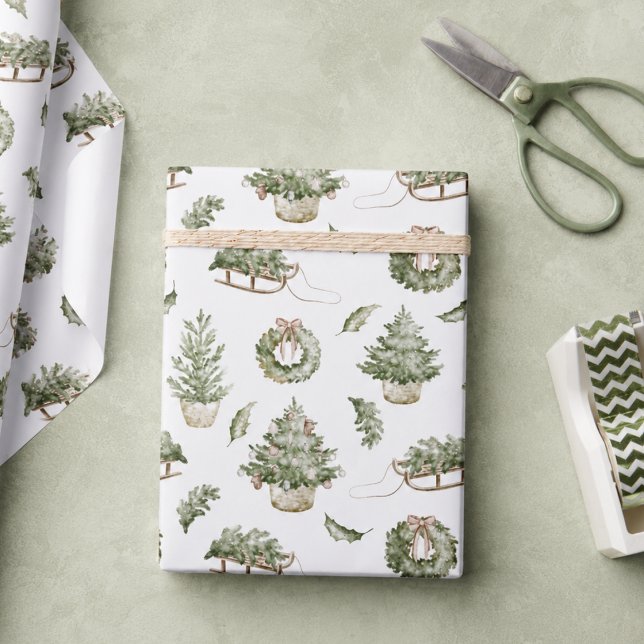 Papel De Presente Padrão de Natal Nostálgico Elegante (elegant vintage nostalgic rustic cottagecore Christmas tree wreath pattern wrapping paper )