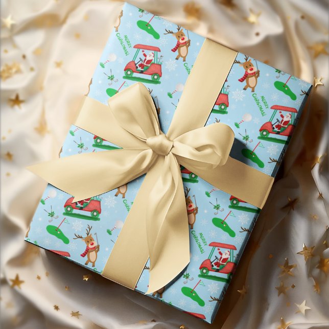 Papel De Presente Padrão de Natal Papai Noel Jogando Golfe Com Rena  (Fore-tastic Christmas: Santa, Reindeer, and Golf, a hole-in-one wrapping delight!)