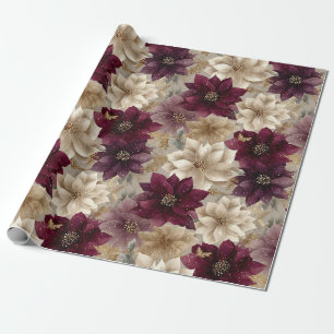 Papel De Presente Padrão de Natal Poinsettia Borgonha (5)