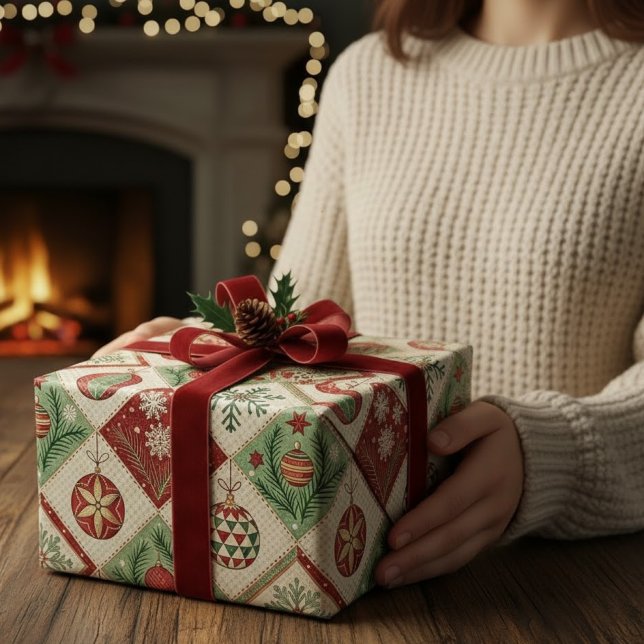 Papel De Presente Padrão de Natal Quiltado Vintage (Criador carregado)