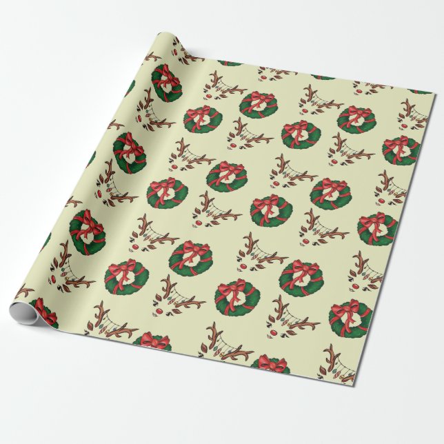 Papel De Presente Padrão de Natal, Reindeer Bonito, Terra Verde (Desenrolado)