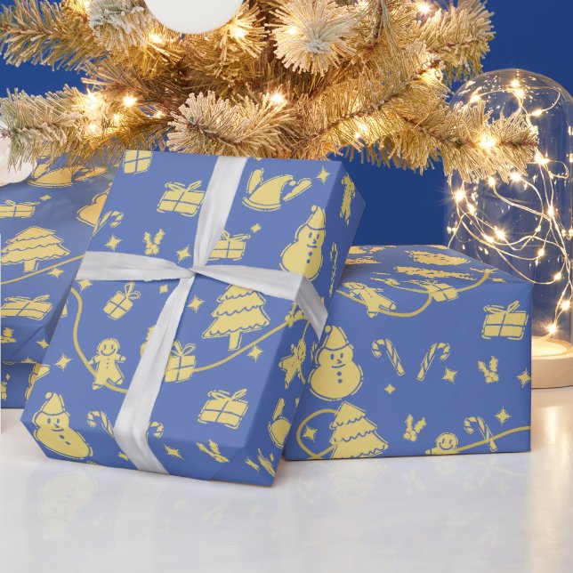 Papel De Presente Padrão de Natal Retroativo Azul (Feriados)