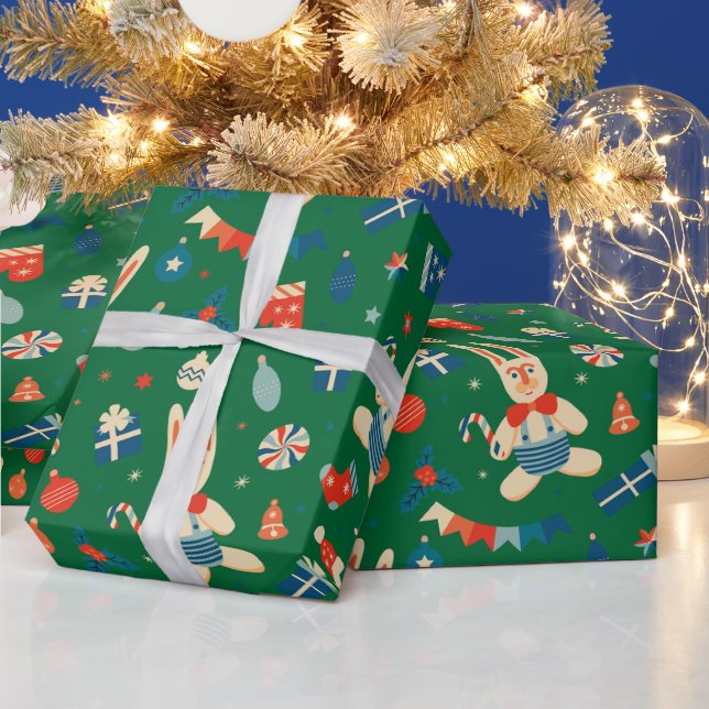 Papel De Presente Padrão de Natal Retroativo com Decorações e Doces (Feriados)