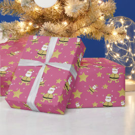 Papel De Presente Padrão de Natal Rosa Chic Dourado e Estrelas