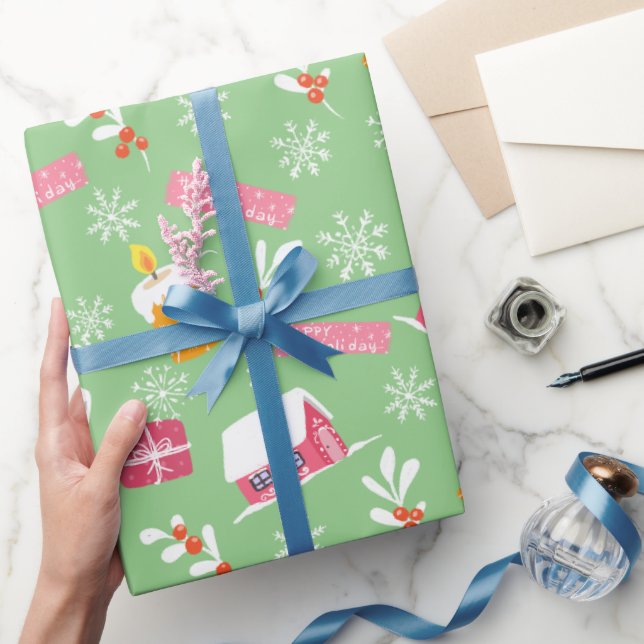 Papel De Presente Padrão de Natal Rosa com Fundo Verde (Presentear)
