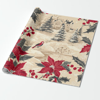 Papel De Presente Padrão de Natal Rustic Bird and Poinsettia (12)