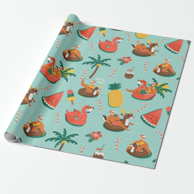 Papel De Presente Padrão de Natal tropical dos papais noeis (Desenrolado)