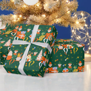 Papel De Presente Padrão de Natal Verde Divertido e Fofo de Elfos do