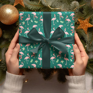 Papel De Presente Padrão de Natal Verde Flamingo Rosa