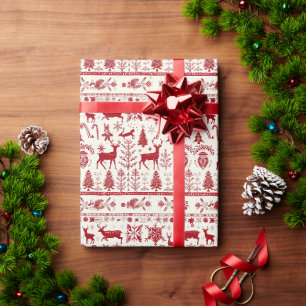 Papel De Presente Padrão De Natal Vermelho E Branco Com Veado