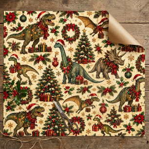 Papel De Presente Padrão de Natal Vintage Dinossauro Festa T-Rex