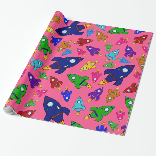 Papel De Presente Padrão de navios rockets cor-de-rosa-claro (Desenrolado)