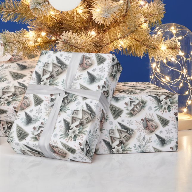 Papel De Presente Padrão de Nevasca de Cabana de Inverno (Feriados)