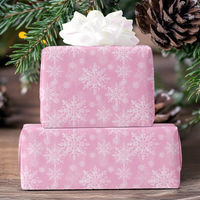 Papel De Presente Padrão de Neve Moderno Elegante Pink Natal (Elegant Modern Snowflake Pattern Pink Christmas Wrapping Paper)