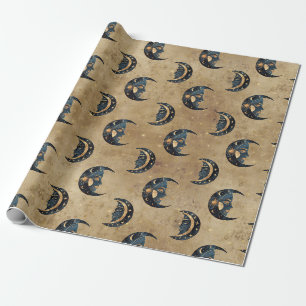 Papel De Presente Padrão de Noite Estrelada com Lua Celestial Dourad