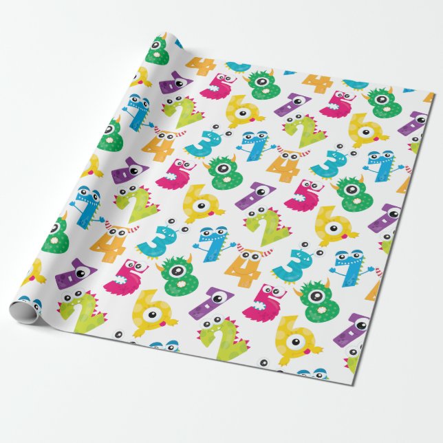 Papel De Presente Padrão de Números de Monstros de Desenho Animado F (Desenrolado)