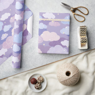 Papel De Presente Padrão de Nuvens e Estrelas de Pastel Whimsical