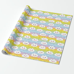Papel De Presente Padrão de Nuvens Emoji Kawaii de Ondas Coloridas