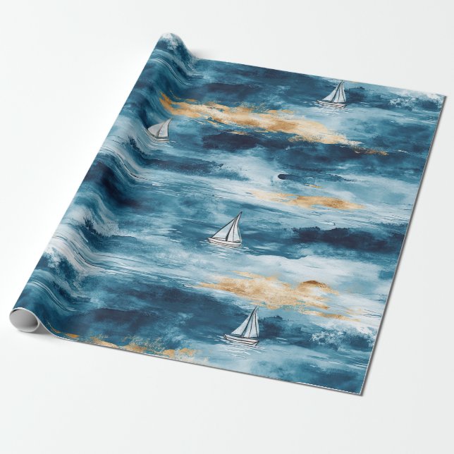 Papel De Presente Padrão de Onda Costeira de Vela Azul Turquesa (Desenrolado)