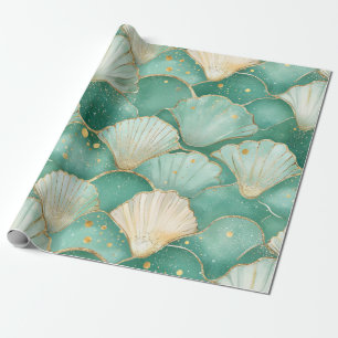 Papel De Presente Padrão de Onda de Shell do Mar Dourado em Aqua Tea