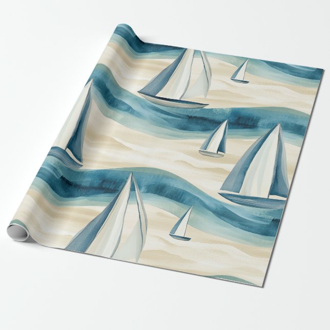 Papel De Presente Padrão de Onda do Oceano de Velero Azul Moderno (Desenrolado)