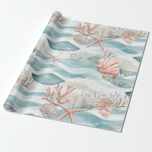 Papel De Presente Padrão de Ondas Aquáticas e Conchas de Recifes de