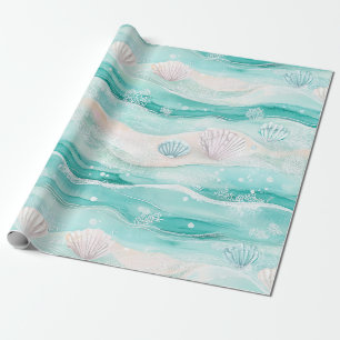 Papel De Presente Padrão de ondas do oceano aqua e conchas marinhas