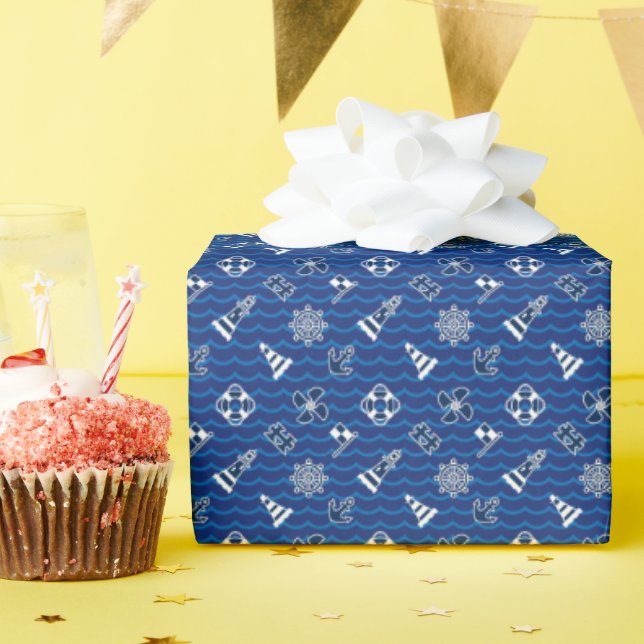 Papel De Presente Padrão de Ondas Náuticas Curtas (Festa de aniversário)