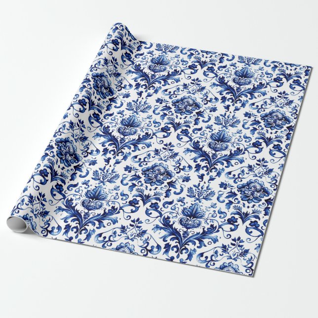 Papel De Presente Padrão de ornamento floral do estilo Delft azul e  (Desenrolado)