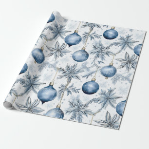 Papel De Presente Padrão de Ornamentos de Árvores de Natal Azul Vint