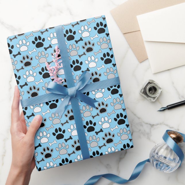 Papel De Presente Padrão de Ossos e Pegadas de Cachorro Azul (Presentear)