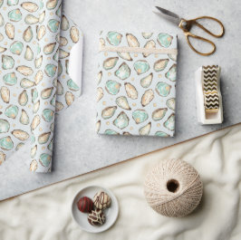 Papel De Presente Padrão de Ostra e Pérolas de Aquarela Costeira