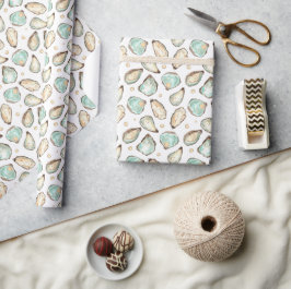 Papel De Presente Padrão de Ostra e Pérolas de Aquarela Costeira