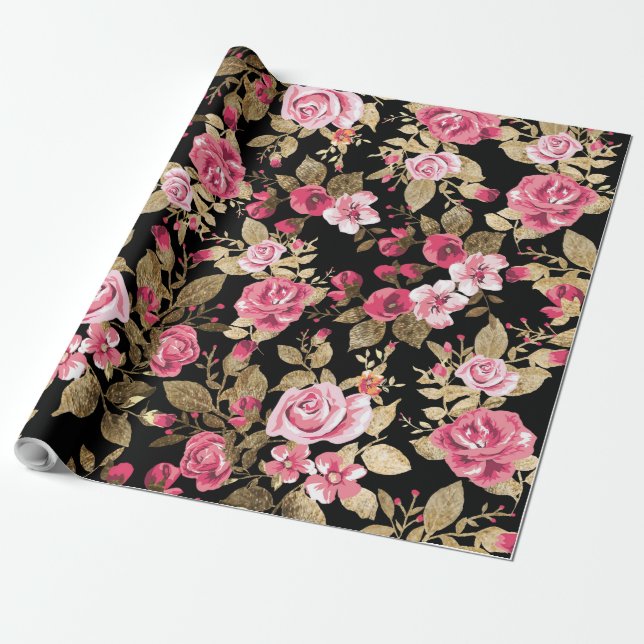 Papel De Presente Padrão de ouro floral de primavera elegante (Desenrolado)