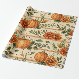 Papel De Presente Padrão de Outono de Abóbora Rústica e Crisântemo