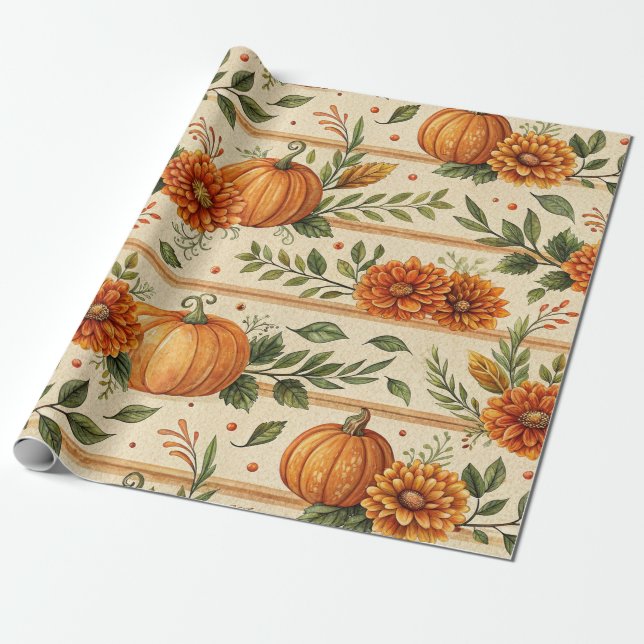 Papel De Presente Padrão de Outono de Abóbora Rústica e Crisântemo (Desenrolado)