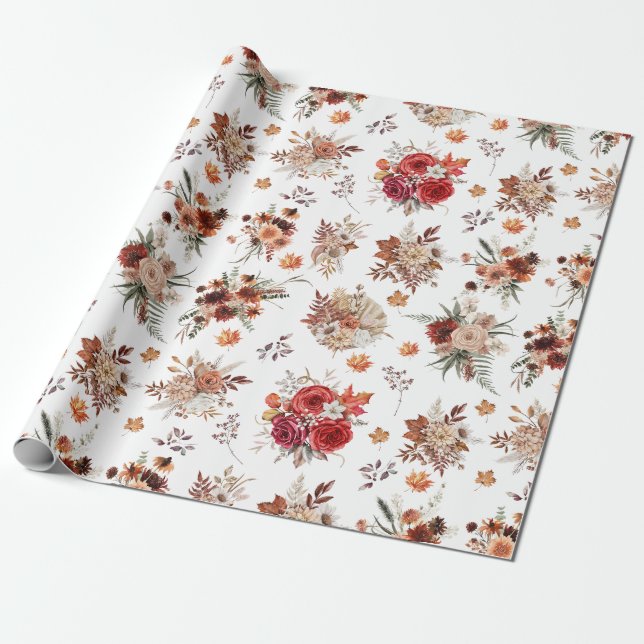Papel De Presente padrão de outono floral de aquarela (Desenrolado)