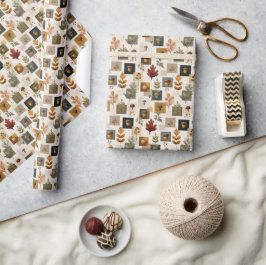 Papel De Presente Padrão de Outono Quente com Bolotas, Folhas e Cogu