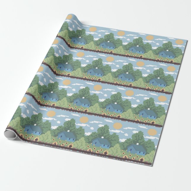 Papel De Presente Padrão de Paisagem de Casa Rural em Pixel (Desenrolado)