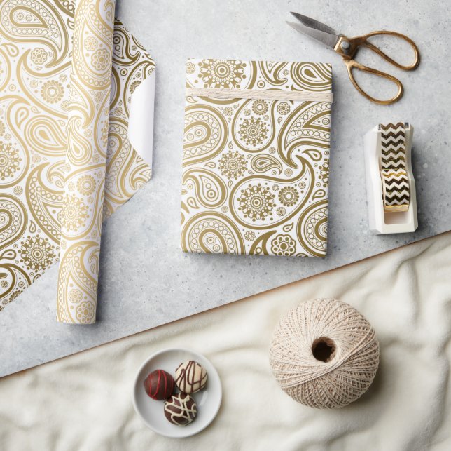 Papel De Presente Padrão de Paisley Branco e Dourado (Artesanato)