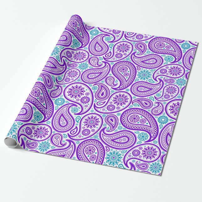 Papel De Presente Padrão de paisley branco roxo e turquesa (Desenrolado)
