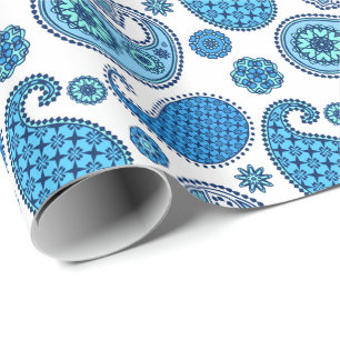 Papel De Presente Padrão de Paisley, tons azuis em branco