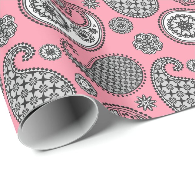 Papel De Presente Padrão de Paisley, tons de cinza a rosa (Ponta do rolo)