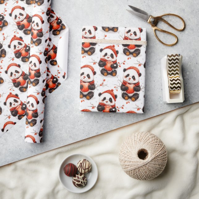 Papel De Presente Padrão de Panda Inverno Adorável com Beanie Vermel (Artesanato)
